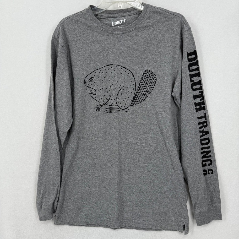Duluth Trading Co Mens Long Sleeve Graphic T Shirt Beaver Relaxed Fit Gray S